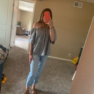 Off the shoulder black and white top